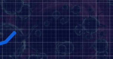 Animation of statistical data processing over covid-19 cells floating against blue background. Covid-19 pandemic and business data technology concept