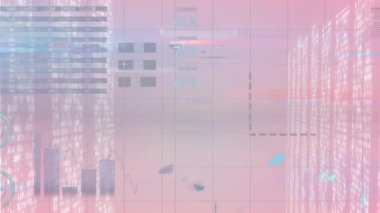 Animation of statistical data processing over screens with mosaic squares on gradient background. Business technology concept