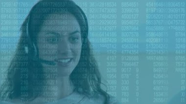 Animation of data processing over caucasian woman using phone headset working in call center. Global communication, computing and digital interface concept digitally generated video.