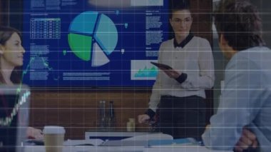 Animation of financial data processing over diverse business people having meeting at office. Global business, finances and digital interface concept, digitally generated video.