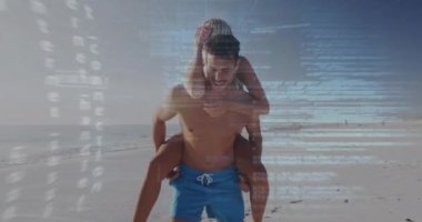 Animation of financial data processing over couple on beach. Global holiday, finance, computing, connections and data processing concept digitally generated video.
