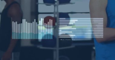 Animation of data processing over diverse sports people talking. Global business, sport and digital interface concept digitally generated video.