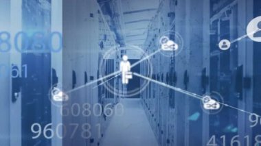 Animation of network of connections with icons and data processing over server room. Global connections, technology and digital interface concept digitally generated video.