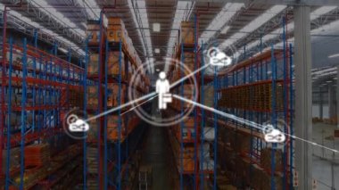 Animation of network of connections over warehouse. Global networks, shipping, business, finances, computing and data processing concept digitally generated video.