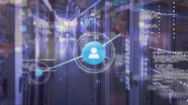 Animation of network of connections over server room. Global business and digital interface concept digitally generated video.