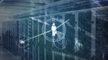 Animation of network of connections with icons over server room and data processing. Global business and digital interface concept digitally generated video.