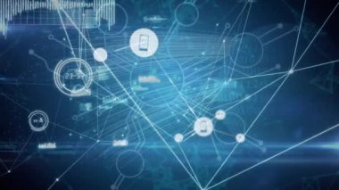 Animation of connected icons and dots with lens flares, binary codes and circuit board pattern. Digitally generated, hologram, illuminated, illustration, coding, machine learning, communication.