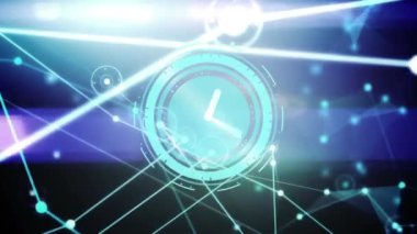 Animation of clock over network of connections. Global networks, finance, business and data processing concept digitally generated video.