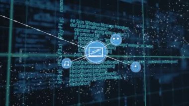 Animation of connected icons, dna helix over programming language against black background. Digitally generated, hologram, coding, machine learning, medical, molecule and technology concept.