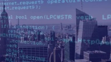 Animation of data processing over cityscape. Global business data processing and digital interface concept digitally generated video.