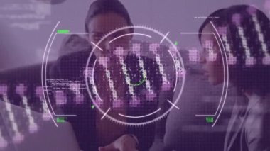 Animation of data processing over diverse business people in office and dna strand. Global business and digital interface concept digitally generated video.