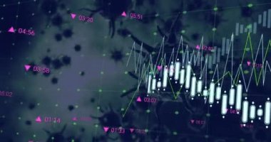 Animation of financial data processing over covid-19 cells floating against grey background. Global finance and covid-19 pandemic concept