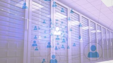 Animation of computer servers with icons and network of connections. Global networks, computing and data processing concept digitally generated video.