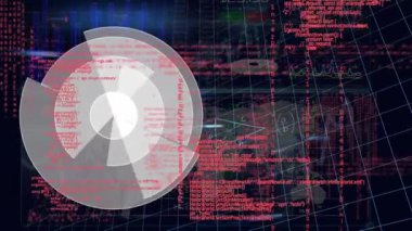 Animation of purple round scanner, data processing and geometric shapes against world map. Computer interface and business technology concept