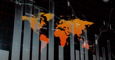 Animation of statistical data processing over world map against black background. Global networking and business technology concept