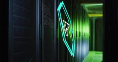 Animation of nft text and data processing over server room. Global technology, computing and digital interface concept, digitally generated video.