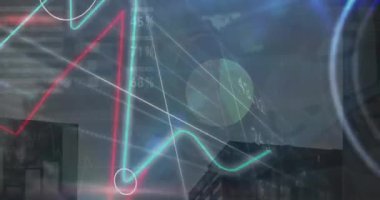Animation of data processing and clock over cityscape. Global business and digital interface concept digitally generated video.