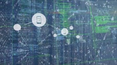 Veri işleme üzerine simgelerle bağlantı ağının animasyonu. küresel iş ve dijital arayüz kavramı dijital olarak oluşturulmuş video.