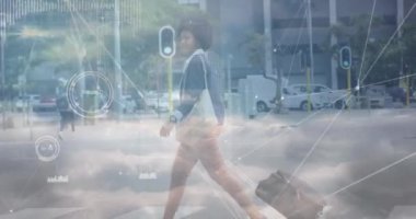 Animation of network of connections over woman with suitcase in city. Global networks, computing and data processing concept digitally generated video.