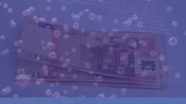 Animation of stock market data processing and covid-19 cells floating against euro bills. Covid-19 pandemic and global economy concept