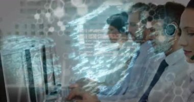 Animation of fingerprints, padlock in shield over caucasian female customer support specialist. Digital composite, multiple exposure, programming language, call center, protection and technology.