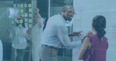 Animation of hearts, graphs on diverse coworkers shaking hands and smiling at each other in office. Digital composite, multiple exposure, report, business, greeting, abstract and communication.