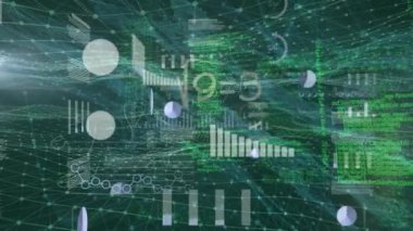Animation of financial data processing over network of connections on black background. Global business, finances and digital interface concept digitally generated video.