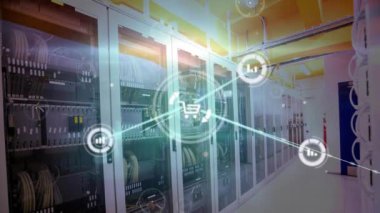 Animation of network of connections with icons over server room. Global connections, technology and digital interface concept digitally generated video.