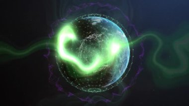 Animation of globe with connections and green light trails. Global business, finances, networks, computing and data processing concept digitally generated video.