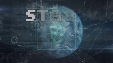 Animation of start text, graphs, soundwave, lens flare and connected lines over globe. Digitally generated, hologram, globalization, report, finance, communication, abstract and technology concept.