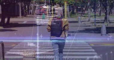Animation of financial data processing over albino african american man walking on street. Global business, finances and digital interface concept digitally generated video.