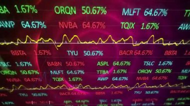 Animation of trading board and multiple graphs with increasing numbers over illuminated circles. Digitally generated, hologram, stock market, report, finance, business and investment concept.