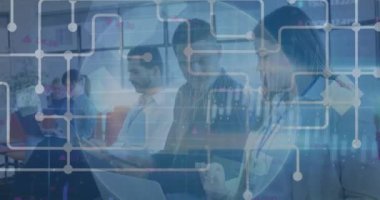 Animation of globe and financial data processing over business people in office. Global business, finance, data processing and computing concept digitally generated video.