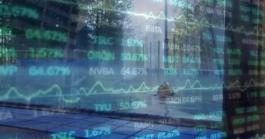 Animation of stock market data processing over woman relaxing in a swimming pool. Global economy and business technology concept