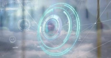 Animation of scope and network of connections over clouds. Global networks, computing and data processing concept digitally generated video.