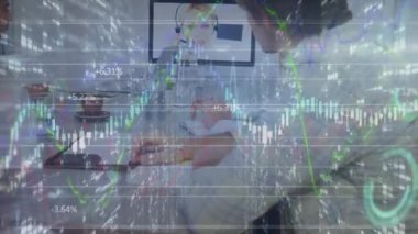 Animation of financial data processing over team of diverse colleagues having a video conference. Global finance and business technology concept