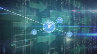 Animation of network of connections with icons over arrows. Global networks, business, finances, computing and data processing concept digitally generated video.