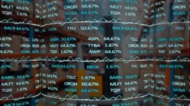 Animation of stock market processing against forklift in warehouse. Global economy and transportation logistics business technology concept