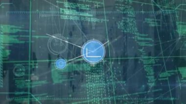 Animation of network of connections with icons over server room and data processing. Global business and digital interface concept digitally generated video.