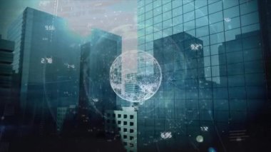Animation of globe of connections and data processing over cityscape. Global technology, computing and digital interface concept digitally generated video.