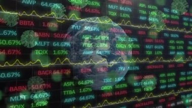 Animation of green covid-19 cells over globe against stock market data processing. Global economy and covid-19 pandemic concept