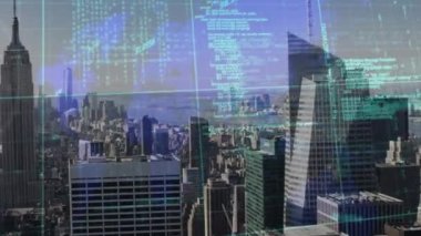 Finansal veri işlemenin animasyonu ve şehir manzarası istatistikleri. Küresel iş, finans, veri işleme ve bağlantılar konsepti dijital olarak oluşturulmuş video.