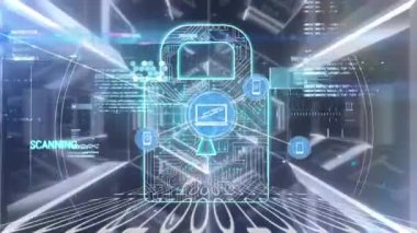 Animation of connected icons, computer language, circuit board pattern in padlock on hexagon tunnel. Digitally generated, hologram, illuminated, protection, communication and technology concept.