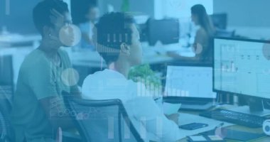 Animation of financial data processing over diverse business people having metting at office. Global business, finances and digital interface concept digitally generated video.