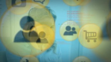 Animation of network of connections with icons over caucasian businesswoman using phone headset. Global business, finance, computing and data processing concept digitally generated video.