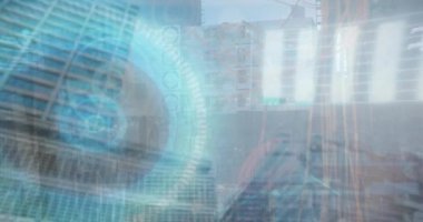 Animation of financial data processing and servers over cityscape. Global business, finances and digital interface concept, digitally generated video.