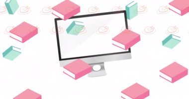 Animation of question mark and computer over books and chicken icons. Global education and digital interface concept digitally generated video.