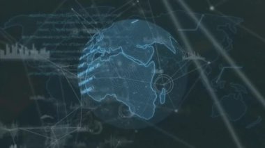 Animation of globe over network of connections and data processing. Global digital interface technology and networking concept digitally generated video.