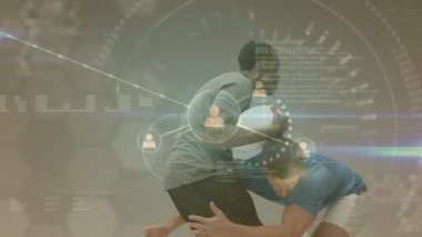 Animation of network of connections and data processing over rugby players. Global sports, networks and data processing concept digitally generated video.