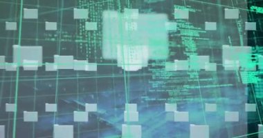 Animation of security padlock icon and data processing against blue background. Global networking and cyber security technology concept